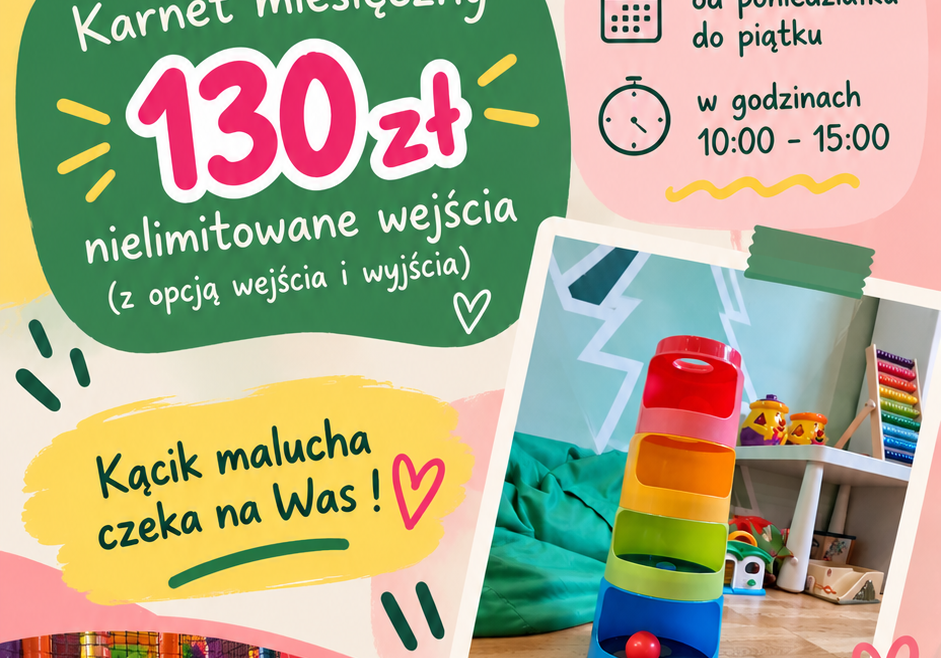 Poranki dla maluchów w Dobrej Strefie na Bemowie – karnet miesięczny 130 zł, nielimitowana zabawa od poniedziałku do piątku w godzinach 10:00–15:00