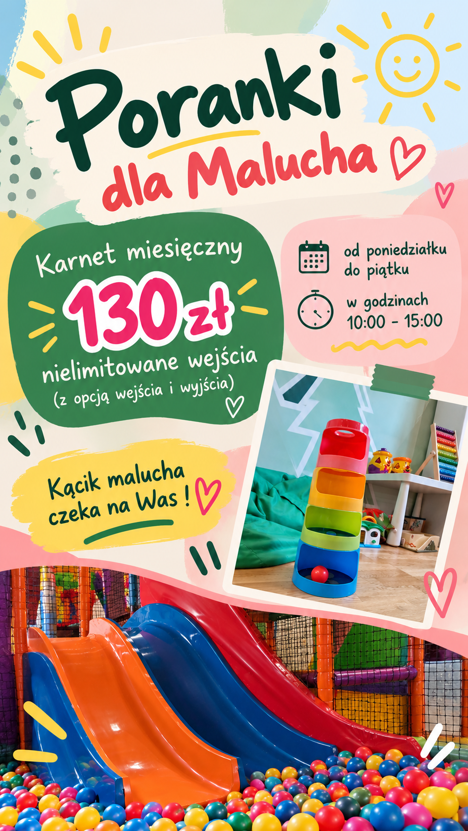 Poranki dla maluchów w Dobrej Strefie na Bemowie – karnet miesięczny 130 zł, nielimitowana zabawa od poniedziałku do piątku w godzinach 10:00–15:00