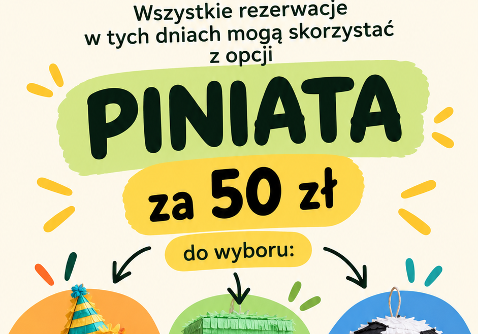 Promocja tygodnia w Dobrej Strefie na Bemowie – piniaty na urodziny dla dzieci za 50 zł. Do wyboru kapibara, Minecraft lub piłka nożna. Promocja na rezerwacje od 30 października do 8 listopada 2026 r.